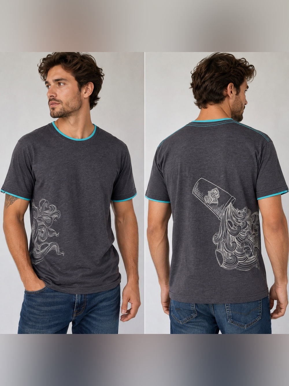 Taco Bell Men’s Crew Medium Charcoal Gray & Turquoise Graphic T-Shirt 60/40